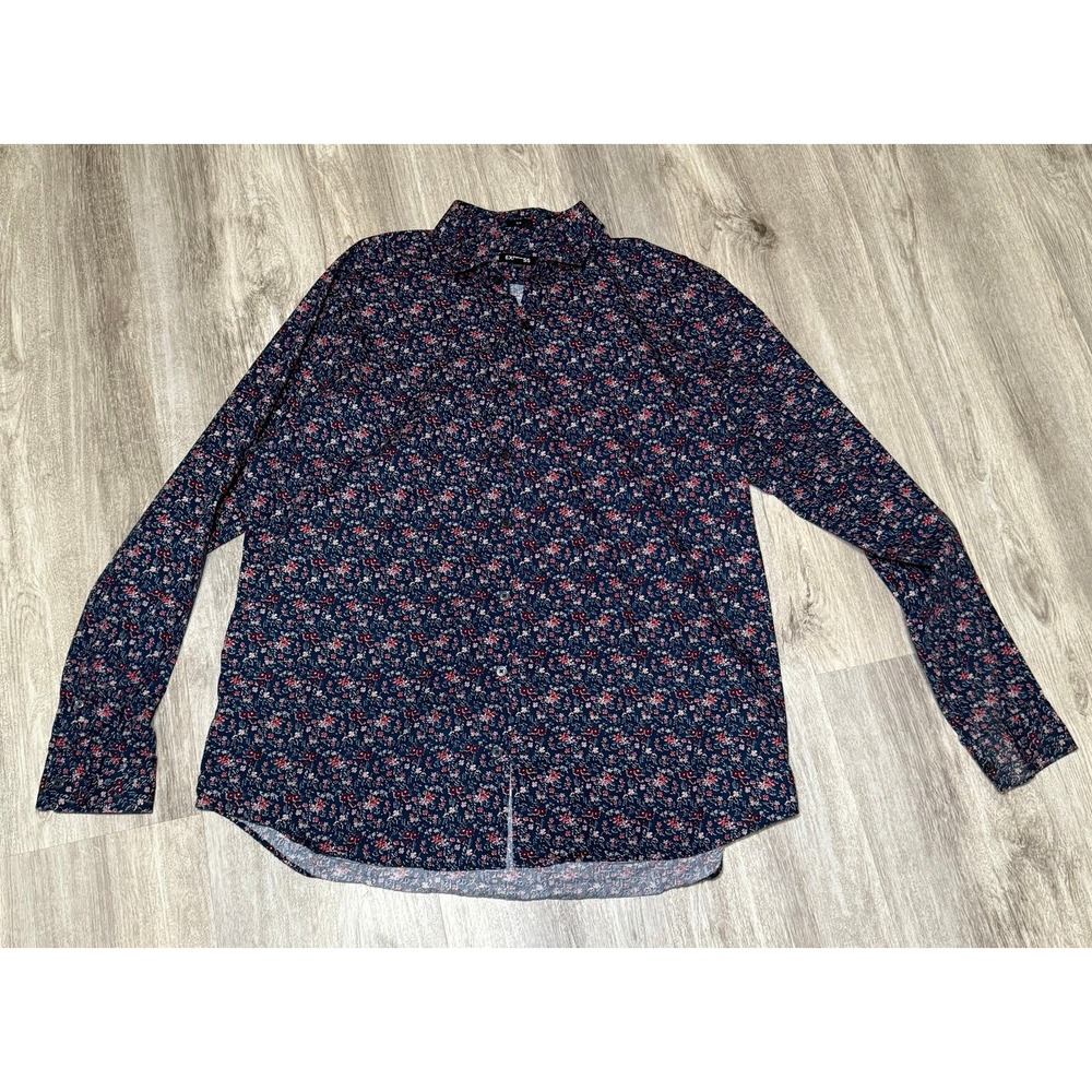 Express XL slim fit handsome navy floral long sleeve button down shirt